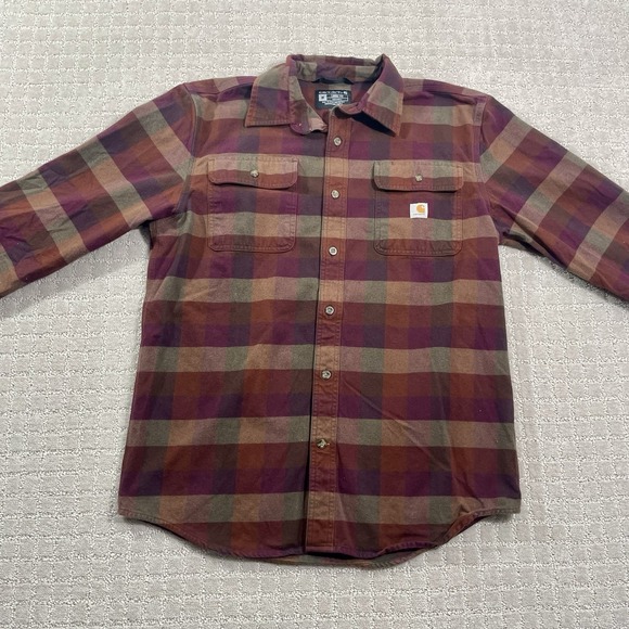 Carhartt Men's Brown Flannel Shirt Button Up Plaid Check Loose Fit Size Medium - Picture 2 of 6